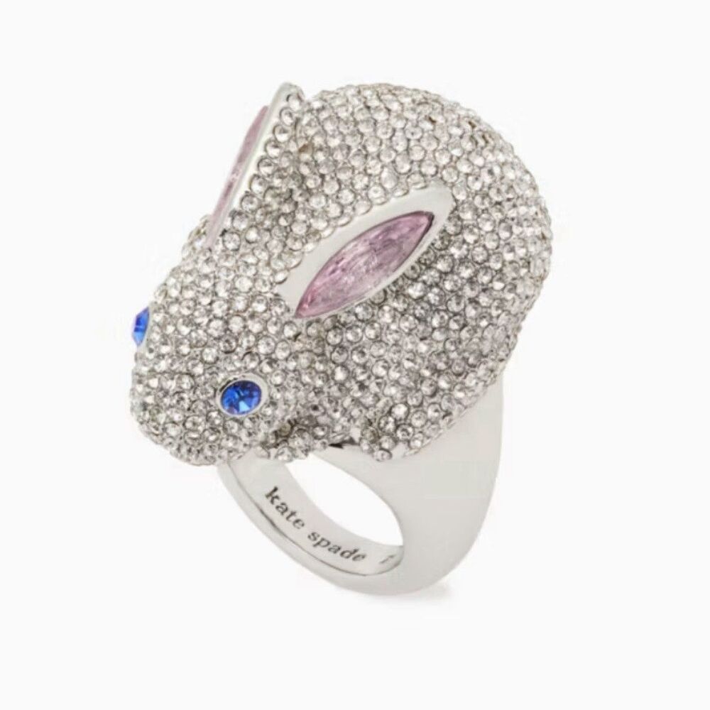 NWT Kate Spade Sz 7 New York Bun Bun Bunny Rabbit Pave Ring Crystal Pearl Easter